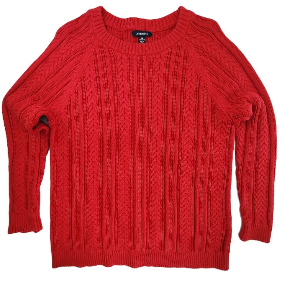 Lands End Cable Knit Sweater Womens 1X 16W-18W Red Cotton Drifter Beautiful
